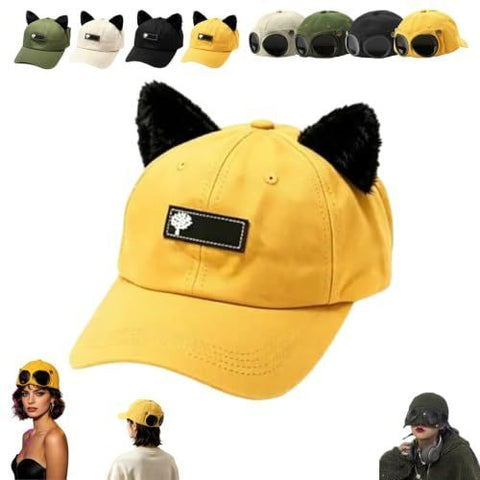 Aviator Style Baseball Cap with Integrated Goggles,Retro Pilot Style Hats Canvas Baseball Cap with Attached Goggle Sunglasses,Vintage Pilot Cat Ear Beanie,Hip Hop Peaked Cap,Detachable Unisex Fit - Yellow In Australia - Darrahopens