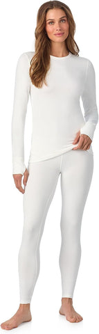 Cuddl Duds Womens Heavyweight Cold Weather Fleece Lined Thermal Set – Long Sleeve Top & Leggings - Winter Lounge Sets - White - Size M