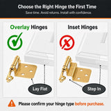 Cabinet Hinges Brushed Nickel for Kitchen Cabinets Doors (10 Pcs) -1/2" Overlay (Variable) -Self Closing Kitchen Cabinet Hinges Flush Mount w/Silicon Bumpers & Hardware Screws - Gold