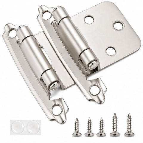 Cabinet Hinges Brushed Nickel for Kitchen Cabinets Doors (10 Pcs) -1/2" Overlay (Variable) -Self Closing Kitchen Cabinet Hinges Flush Mount w/Silicon Bumpers & Hardware Screws - Silver