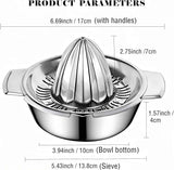 Stainless Steel Manual Citrus Juicer for Home & Travel – Durable Lemon Orange Squeezer with Strainer & Pour Spout (Silver)