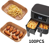 100-Pack Air Fryer Paper Liners – Rectangular Bowl-Style, Unbleached Kraft Paper, Heat-Resistant & Grease-Proof, Compatible with Most Dual-Basket Air Fryers, Ovens, Microwaves, and Instant Pots—Single-Use Convenience for Easy Cleanup (Brown)