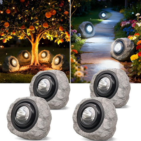 4Pack Solar Rock Lights Outdoor – Ash Gray Garden Stone Spotlights with IP65 Waterproof LED, Switchable Warm & Cool White, Auto On/Off for Pathway, Walkway, Yard & Patio(gray)