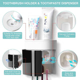 Wall-Mounted Toothbrush Holder & Automatic Toothpaste Dispenser with Magnetic Dust Cover for Family Bathroom (Black)