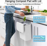 Hanging Kitchen Compost Bin with Lid for Cabinet Door or Wall, No-Drill Adhesive Mount, Odor-Proof & Space-Saving (White)