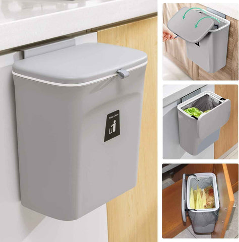 Hanging Kitchen Compost Bin with Lid for Cabinet Door or Wall, No-Drill Adhesive Mount, Odor-Proof & Space-Saving (Grey)