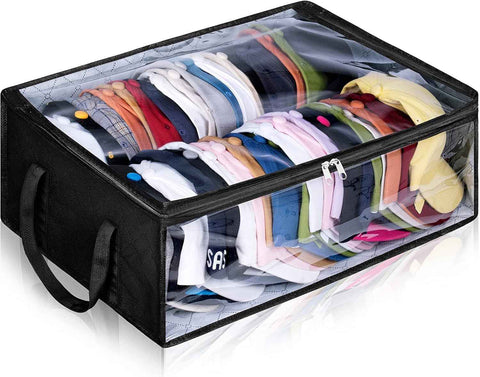 Large Capacity Foldable Hat Organizer Storage Box with Clear See-Through Window for Baseball Caps, Clothes, Toys, and Books, Underbed and Closet Container (Black)