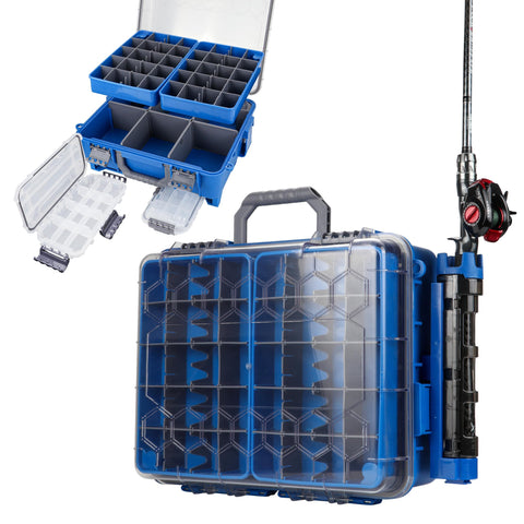 Upgraded Large Capacity Waterproof Floating Tackle Box with Rod Holder, Airtight Organizer with Removable Trays for Lures Hooks Baits, Durable Fishing Gear Storage Gift for Anglers(Blue) In Australia - Darrahopens