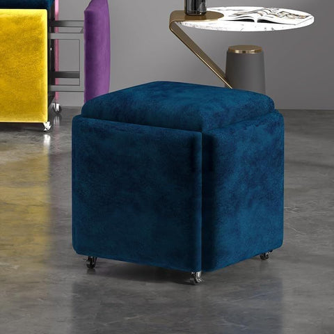 Stool, 5 in 1 Nesting Ottoman Stool with Swivel Casters Stackable Cube Square Sofa Vanity Movable Footstool for Living Room Bedroom(Dark Blue)