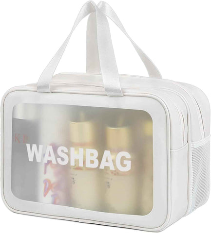 Large Capacity Travel Toiletry Bag with Dual Compartments, Waterproof PVC Cosmetic Organizer for Gym & Business Trips (White)