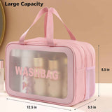 Large Capacity Travel Toiletry Bag with Dual Compartments, Waterproof PVC Cosmetic Organizer for Gym & Business Trips (Pink)