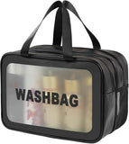 Large Capacity Travel Toiletry Bag with Dual Compartments, Waterproof PVC Cosmetic Organizer for Gym & Business Trips (Black)