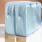 Large Capacity Travel Toiletry Bag with Dual Compartments, Waterproof PVC Cosmetic Organizer for Gym & Business Trips (Blue)