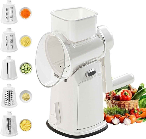 5-in-1 Hand Crank Rotary Vegetable Slicer & Grater with 10 Blades, Hidden Storage Box for Kitchen Food Prep (White)