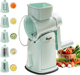 5-in-1 Hand Crank Rotary Vegetable Slicer & Grater with 10 Blades, Hidden Storage Box for Kitchen Food Prep (Green)