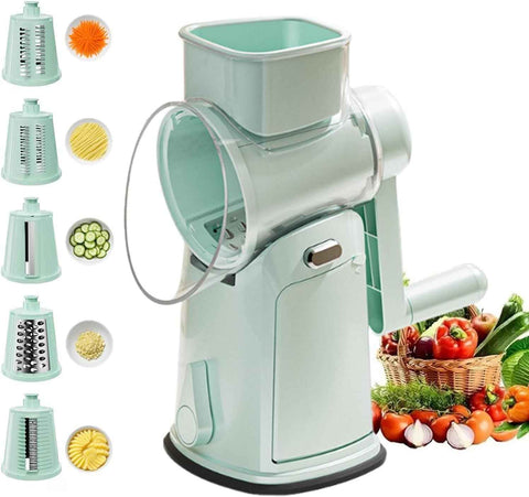 5-in-1 Hand Crank Rotary Vegetable Slicer & Grater with 10 Blades, Hidden Storage Box for Kitchen Food Prep (Green)