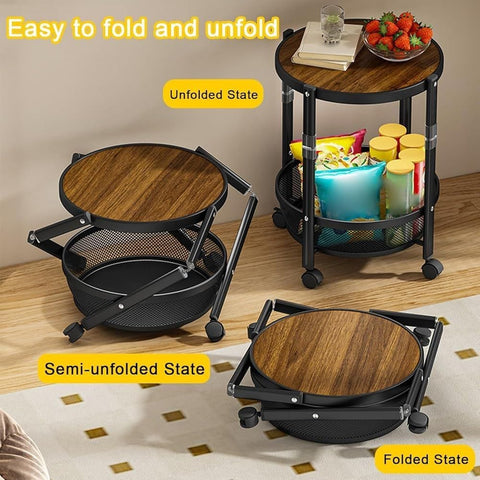 Darrahopens Furniture > Living Room > Side Tables Folding Rolling Side Table with Wheels, 3-Tier Round Storage Cart, Space-Saving Portable End Table with Wood Grain Top, Metal Mesh Baskets for Living Room, Bedroom, Kitchen, and Small Spaces(black) In Australia - Darrahopens