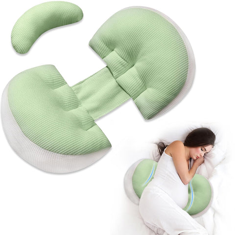 Adjustable Pregnancy Pillow with Velcro Design – Side Sleeping Support for Back, Belly, Hips & Legs, Travel-Friendly Maternity Pillow with Bonus Auxiliary Pillow(Green)