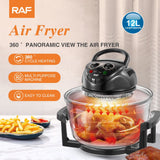 12L 8-in-1 Electric Air Fryer with 360° Panoramic Glass Bowl, 1200W Low-Fat Multi-Purpose Cooker for Roast Chicken, Pizza, and Family Meals.(black)