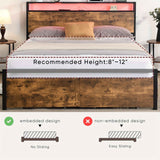 Double Bed Frame with Storage, Industrial Bed with Led Lights Headboard and 2 Drawers, Wooden Bed Frames with Charging Station, Noise Free, No Box Spring Needed, Easy Assembly, Rustic Brown