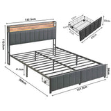 Double Bed Frame with 2 Storage Drawers and LED Lights Headboard, Upholstered Bed Frame with Charging Station, No Box Spring Needed, Easy Assembly - Grey
