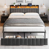 King Bed Frame with 2 Storage Drawers and LED Lights Headboard, Upholstered Bed Frame with Charging Station, No Box Spring Needed, Easy Assembly - Grey