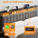 King Bed Frame with 2 Storage Drawers and LED Lights Headboard, Upholstered Bed Frame with Charging Station, No Box Spring Needed, Easy Assembly - Grey