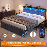 King Bed Frame with 2 Storage Drawers and LED Lights Headboard, Upholstered Bed Frame with Charging Station, No Box Spring Needed, Easy Assembly - Grey