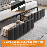 King Bed Frame with 2 Storage Drawers and LED Lights Headboard, Upholstered Bed Frame with Charging Station, No Box Spring Needed, Easy Assembly - Grey