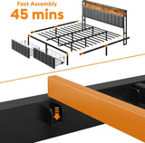 King Bed Frame with 2 Storage Drawers and LED Lights Headboard, Upholstered Bed Frame with Charging Station, No Box Spring Needed, Easy Assembly - Grey