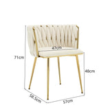 Set of 2 Velvet Upholstered Woven Dining Chairs with Golden Metal Legs, Beige