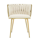 Set of 2 Velvet Upholstered Woven Dining Chairs with Golden Metal Legs, Beige