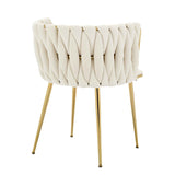 Set of 2 Velvet Upholstered Woven Dining Chairs with Golden Metal Legs, Beige
