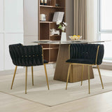 Set of 2 Velvet Upholstered Woven Dining Chairs with Golden Metal Legs, Black