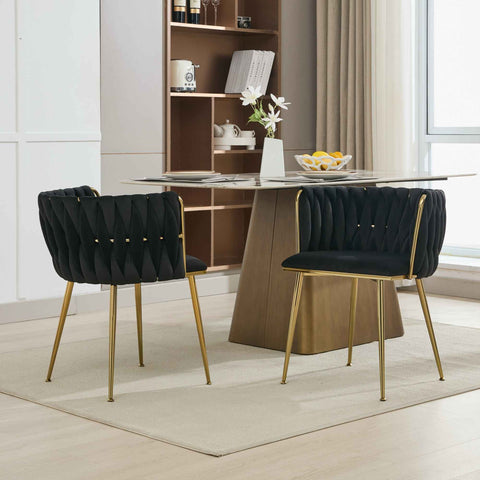 Set of 2 Velvet Upholstered Woven Dining Chairs with Golden Metal Legs, Black