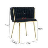 Set of 2 Velvet Upholstered Woven Dining Chairs with Golden Metal Legs, Black