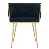 Set of 2 Velvet Upholstered Woven Dining Chairs with Golden Metal Legs, Black