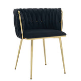 Set of 2 Velvet Upholstered Woven Dining Chairs with Golden Metal Legs, Black