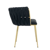 Set of 2 Velvet Upholstered Woven Dining Chairs with Golden Metal Legs, Black