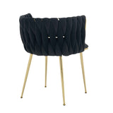 Set of 2 Velvet Upholstered Woven Dining Chairs with Golden Metal Legs, Black