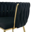 Set of 2 Velvet Upholstered Woven Dining Chairs with Golden Metal Legs, Black