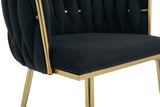 Set of 2 Velvet Upholstered Woven Dining Chairs with Golden Metal Legs, Black