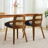 Set of 2 Rattan Back Dining Chairs, Black Faux Leather