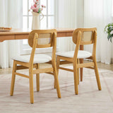 Rattan Back Dining Chairs Set of 2, White Faux Leather