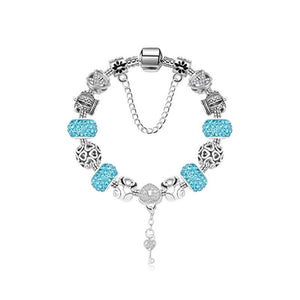 Stunning Rhinestone Charm Bracelet: Hollow Heart Beads + Crown Charms + Happy Key-Lock Pendant | Blue(17cm)