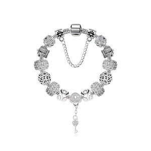 Stunning Rhinestone Charm Bracelet: Hollow Heart Beads + Crown Charms + Happy Key-Lock Pendant | Silver(18cm)