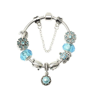 Blue Fashion Bracelet: Alloy Base with Rhinestones, Colored Glaze Beads & Resin Pendant(18cm)