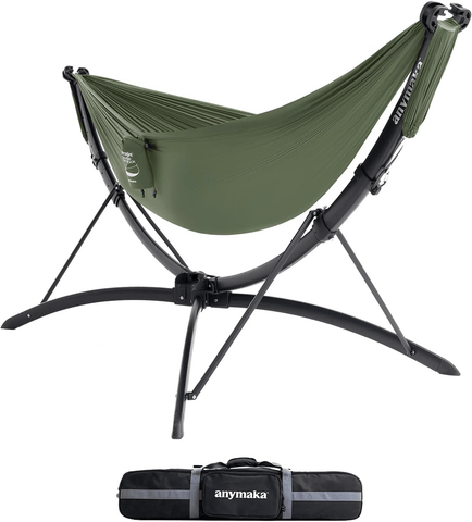 Darrahopens Home & Garden > Hammocks > Hammocks & Accessories anymaka Set Up in 3 Seconds Adjustable Portable Aluminum Alloy Hammock Stand for Outside with Chair Mode & Lounge Mode up to 105'' (Hammmock Set Bundle Forest Green-1)