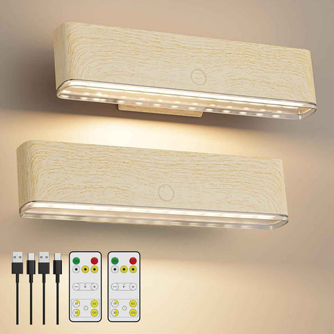 Magnetic Wireless Battery Operated Wall Sconce, Rechargeable Remote Control & Touch Control Wall Sconces Set of Two, 3-Color Temperatures LED Wall Lights, 360° Rotatable (Beech, 2-Pack)