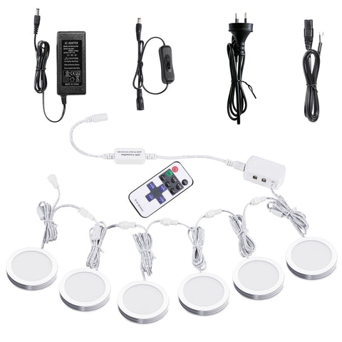 Linkable Under Cabinet LED Lighting 12V Dimmable Puck Lights with Wireless RF Remote Control, Hardwired & AU Wall Plug in for Counter Lighting(6 Lights, Natural White)
